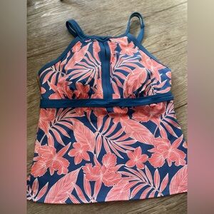Lands End Tankini Swimsuit Top Blue Coral Floral Size 14DDD High Neck Key Hole